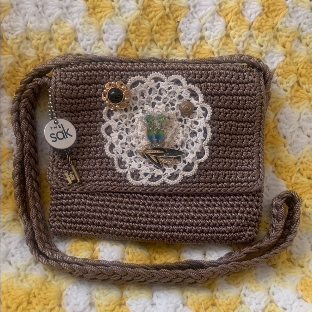 Upcycled The Sak Crochet Crossbody Zipper Flap Bag Owl Embellished Handcrafted